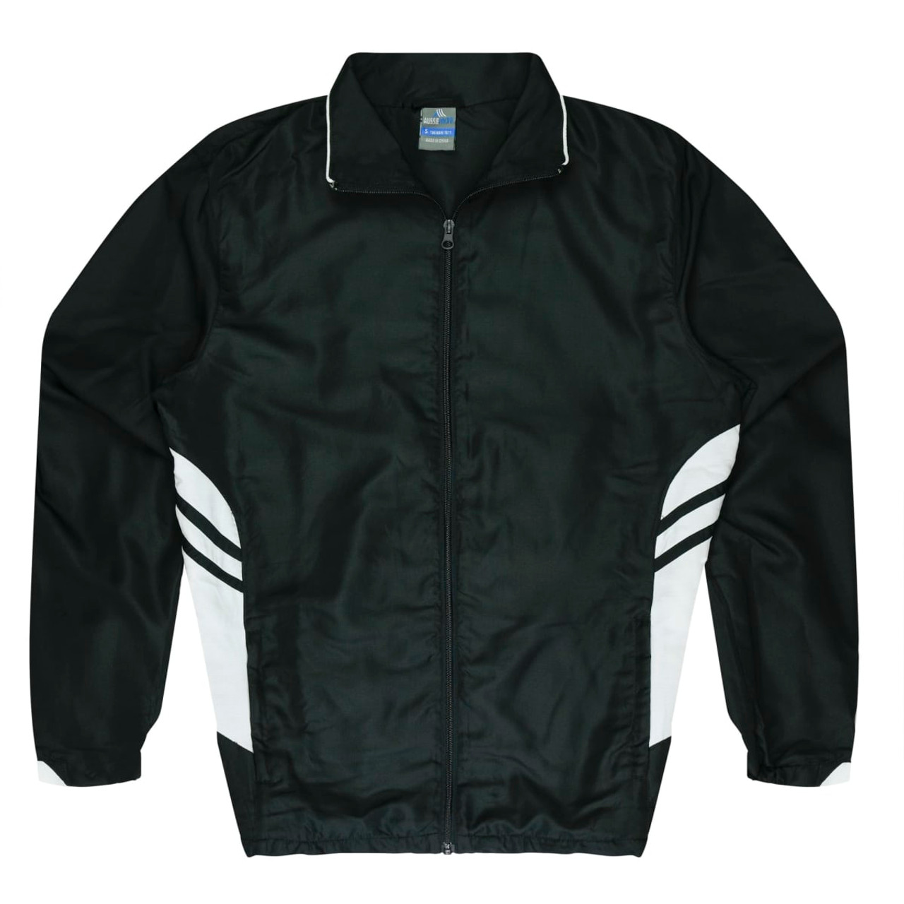 A black tracktop featuring white stripe details, with a zip front and a collar. It has a branding logo.