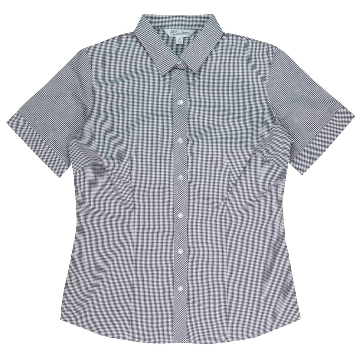 A short sleeve button-up shirt in a black and white check pattern, featuring a collar and a logo.