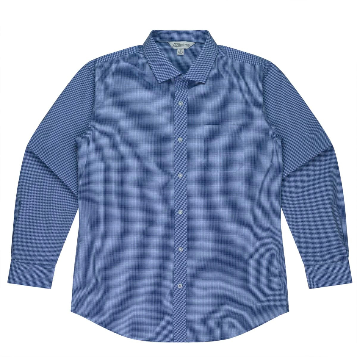 A long-sleeve button-up shirt in a blue check pattern, featuring a chest pocket and a collar.