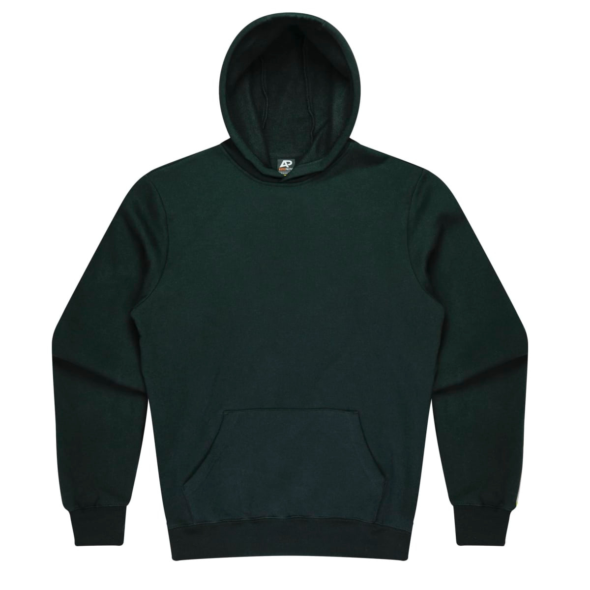 A dark green kids' hoodie featuring a spacious front pocket and a classic hood design. It includes a logo.