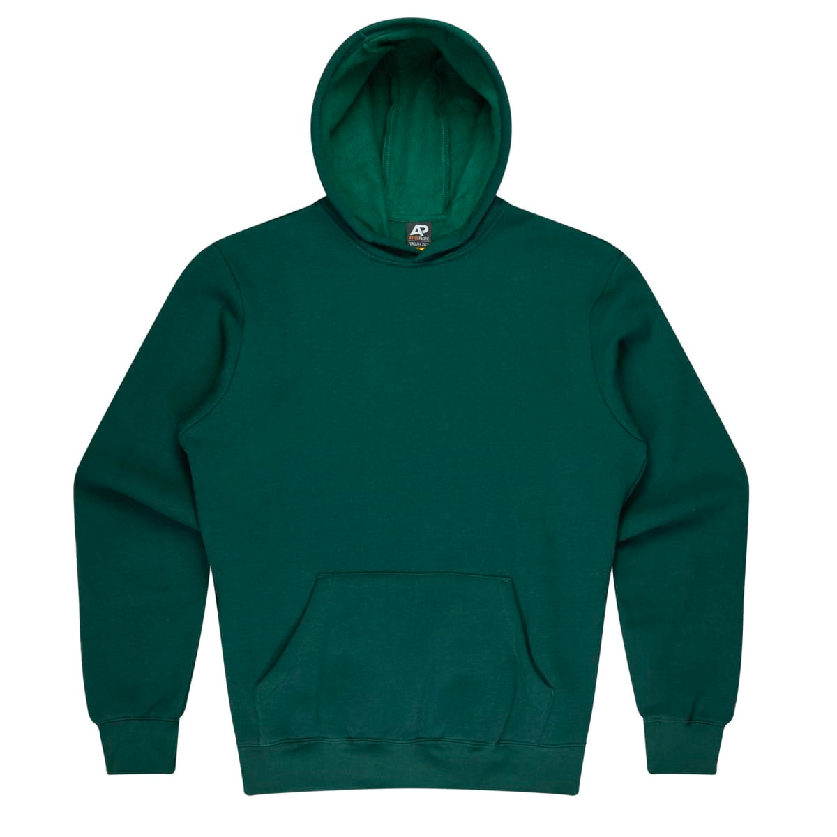 A green hoodie with a front pocket and a hood. It features a logo inside the collar.