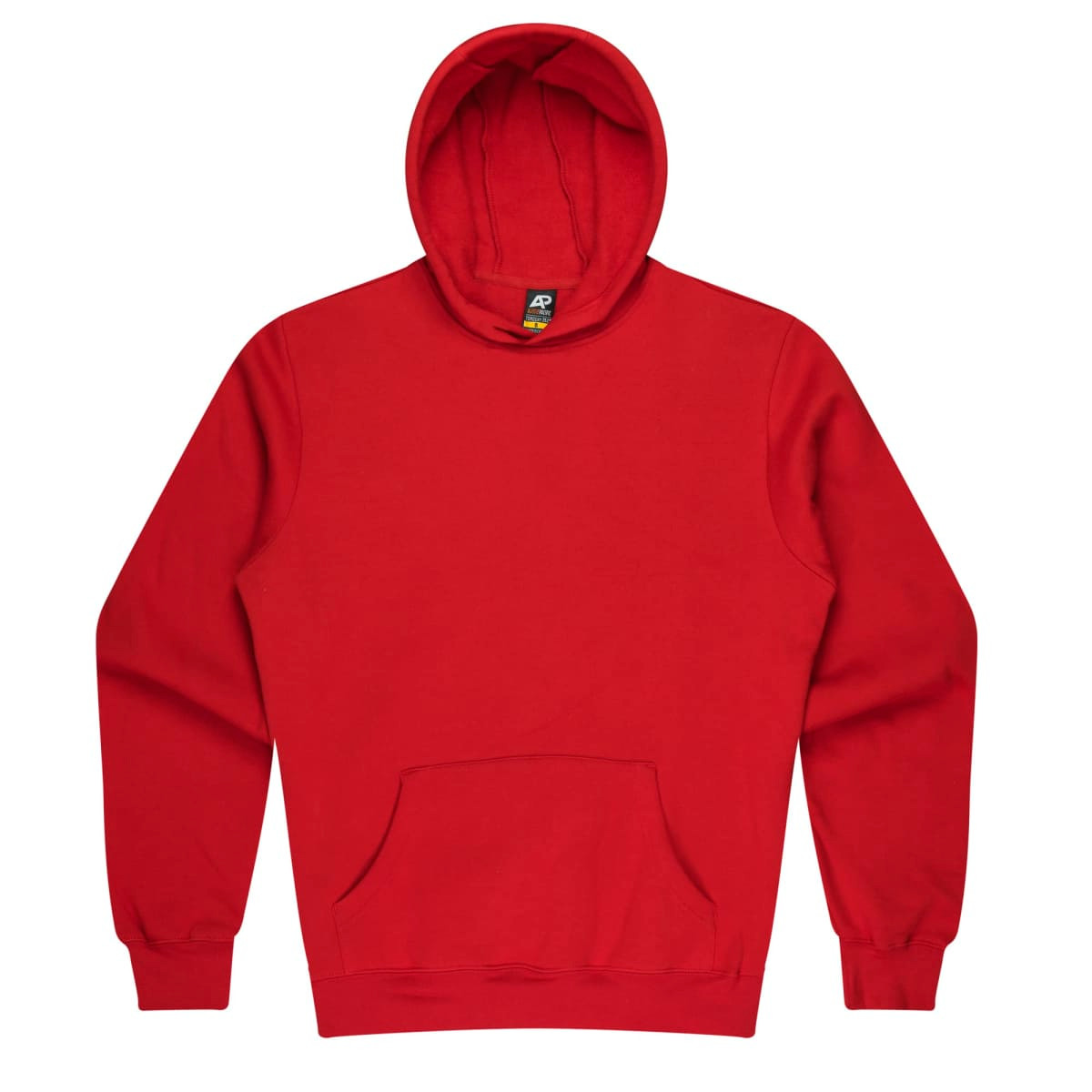 A red hooded jumper with a front pocket and long sleeves. It features a hood and has a logo.