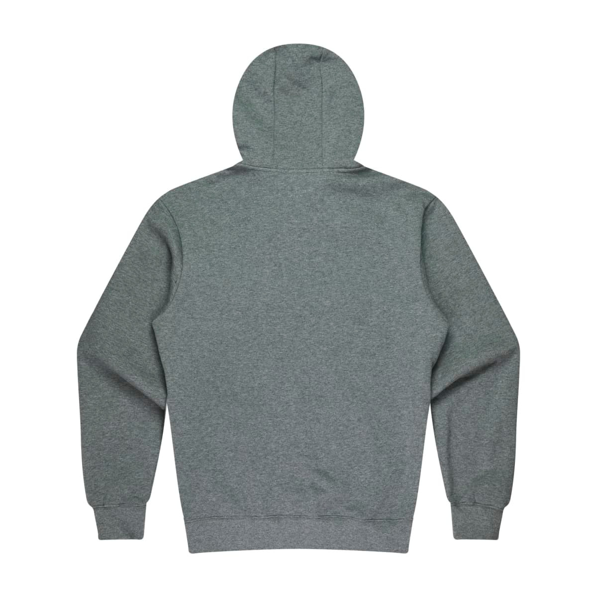 A grey men's hoodie with a hood and long sleeves, featuring a plain back design.