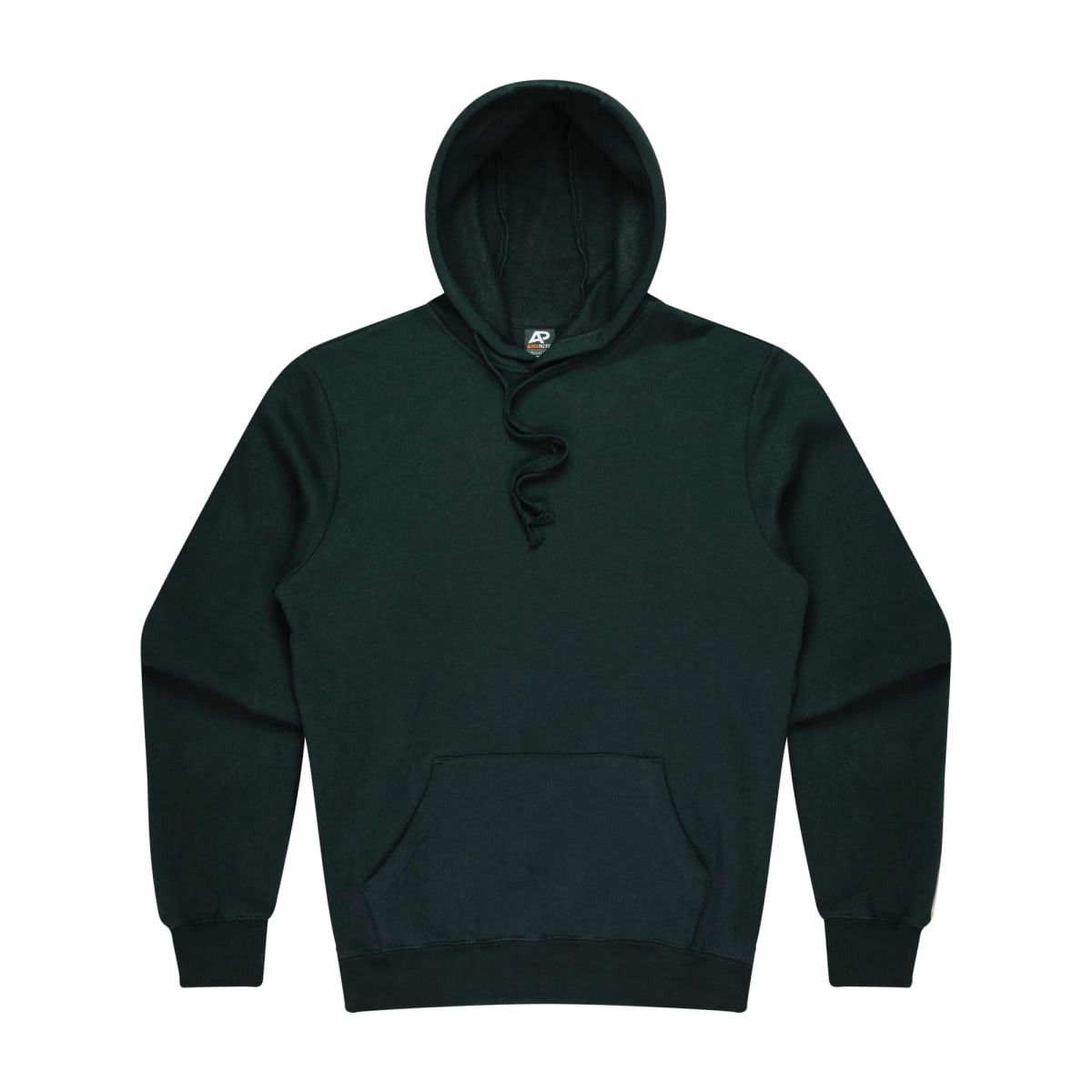 A dark green men's hoodie with a pointed hood and a front kangaroo pocket, featuring a logo.