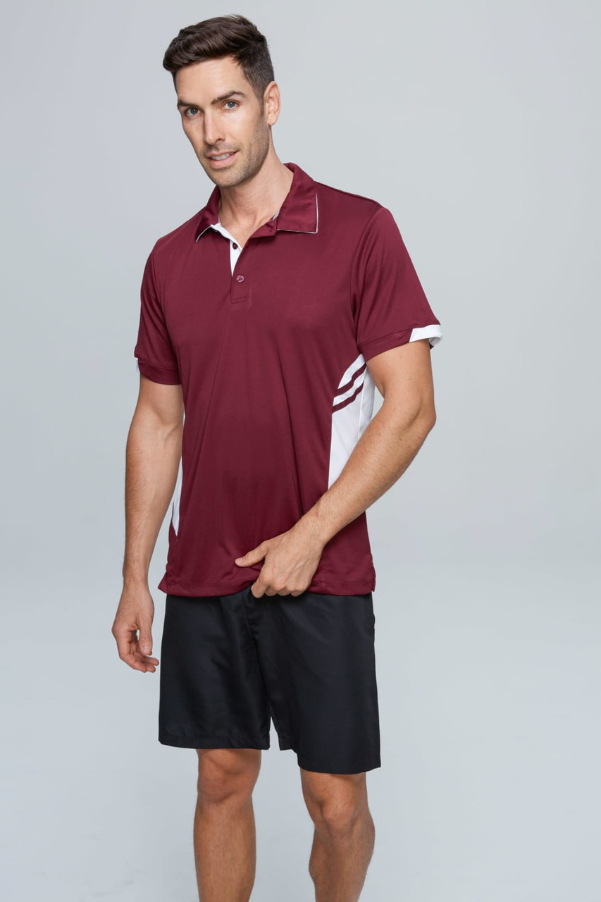 A men's polo shirt in maroon with white accents, featuring a collar and short sleeves. It has a logo on the chest.
