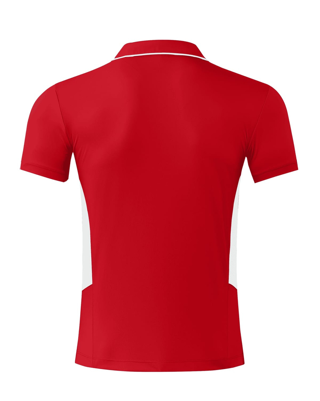 A red polo shirt with white side panels and a collar, featuring a logo on the front.