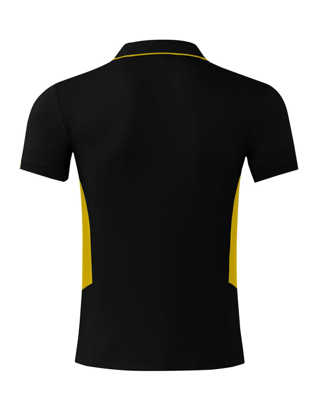 A black polo shirt with yellow side panels and a collar, featuring a logo on the back.