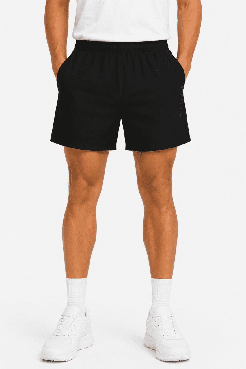 Black sports shorts with an elastic waistband, featuring a logo, designed for men's training.
