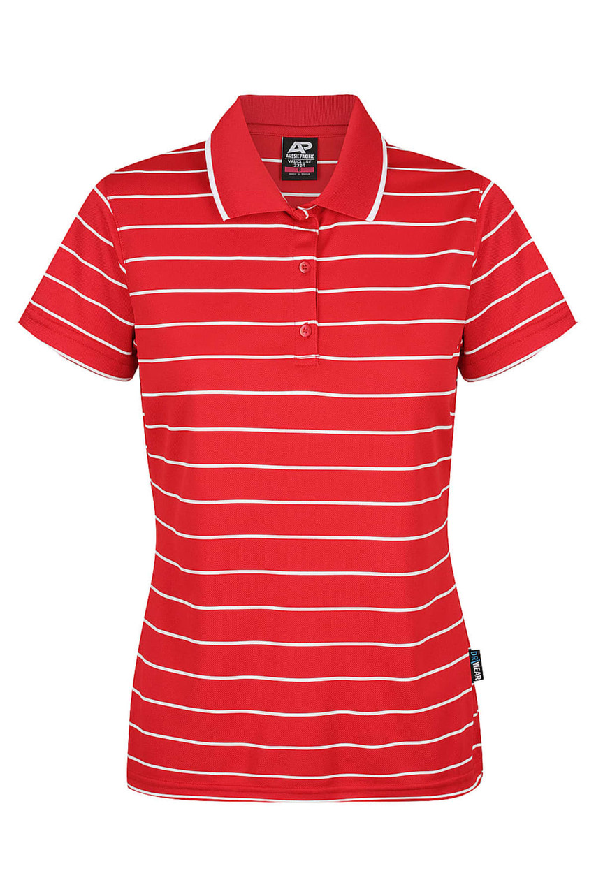 A red polo shirt with white stripes, featuring a collar and a logo tag on the side.