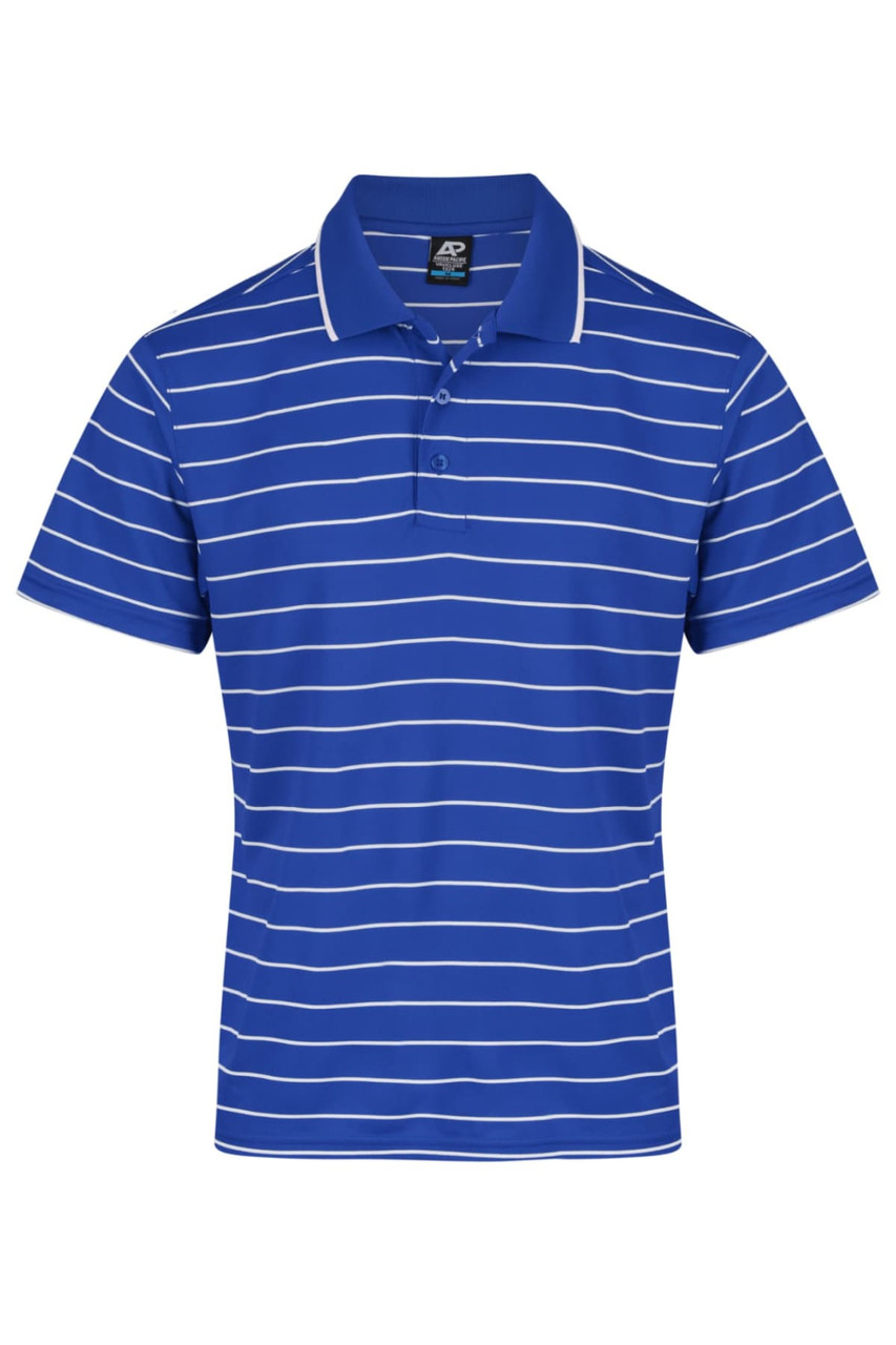 A blue and white striped polo shirt featuring a branded logo on the chest.