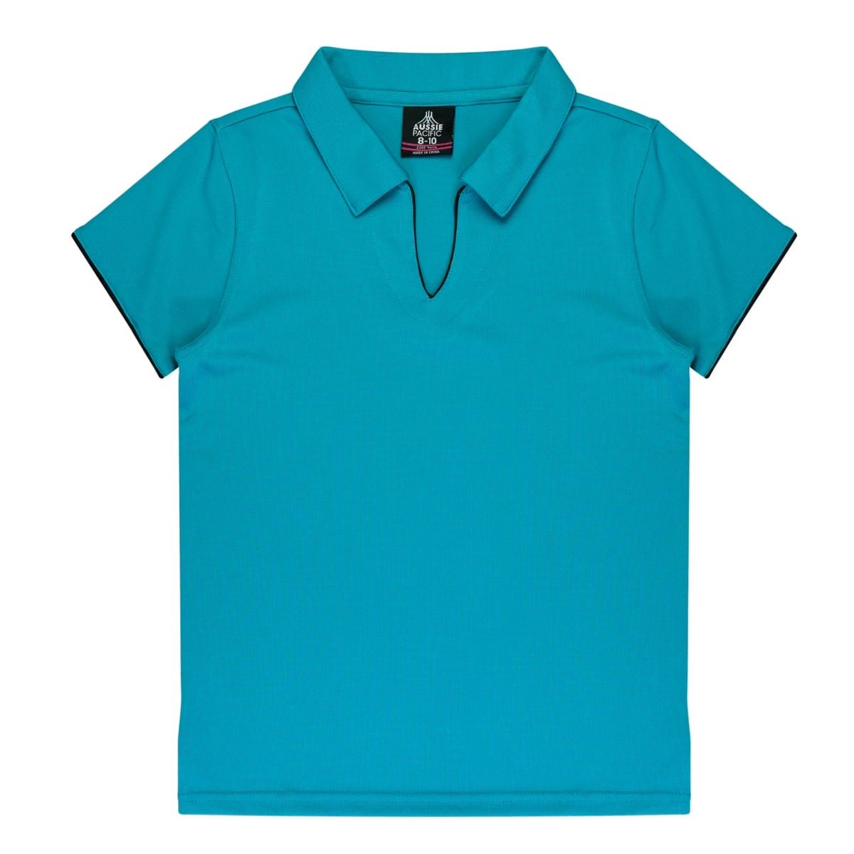 A turquoise polo shirt with a v-neck design and contrasting black detailing at the sleeves. It features a logo.