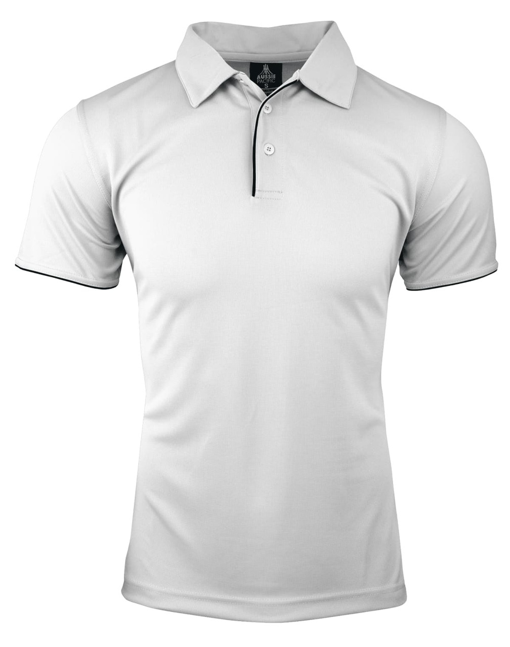 A white polo shirt with a collar and short sleeves, featuring a contrasting black trim and a logo on the collar.