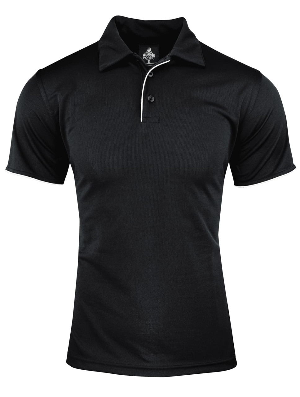 A black polo shirt with a white collar and trim, featuring a logo on the chest.