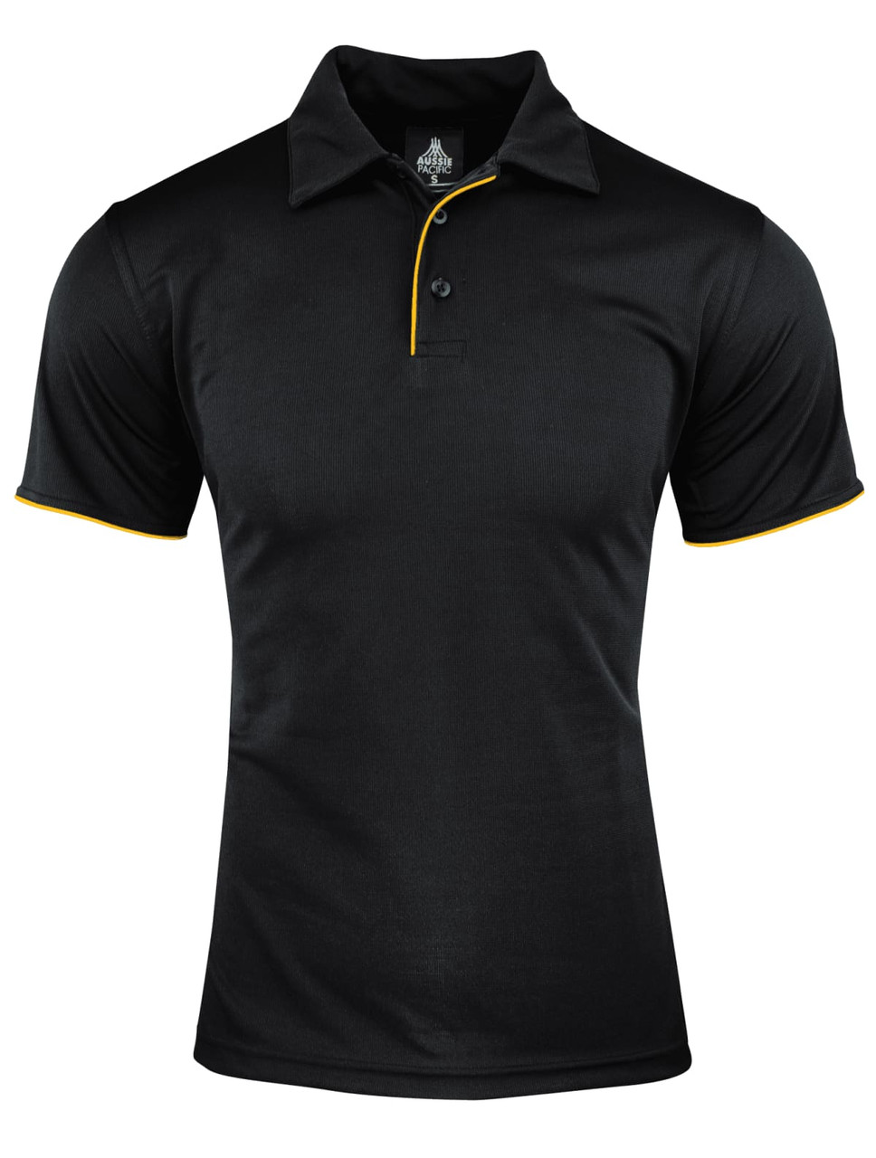 A black polo shirt featuring a yellow trim and a collar, with a logo on the label.