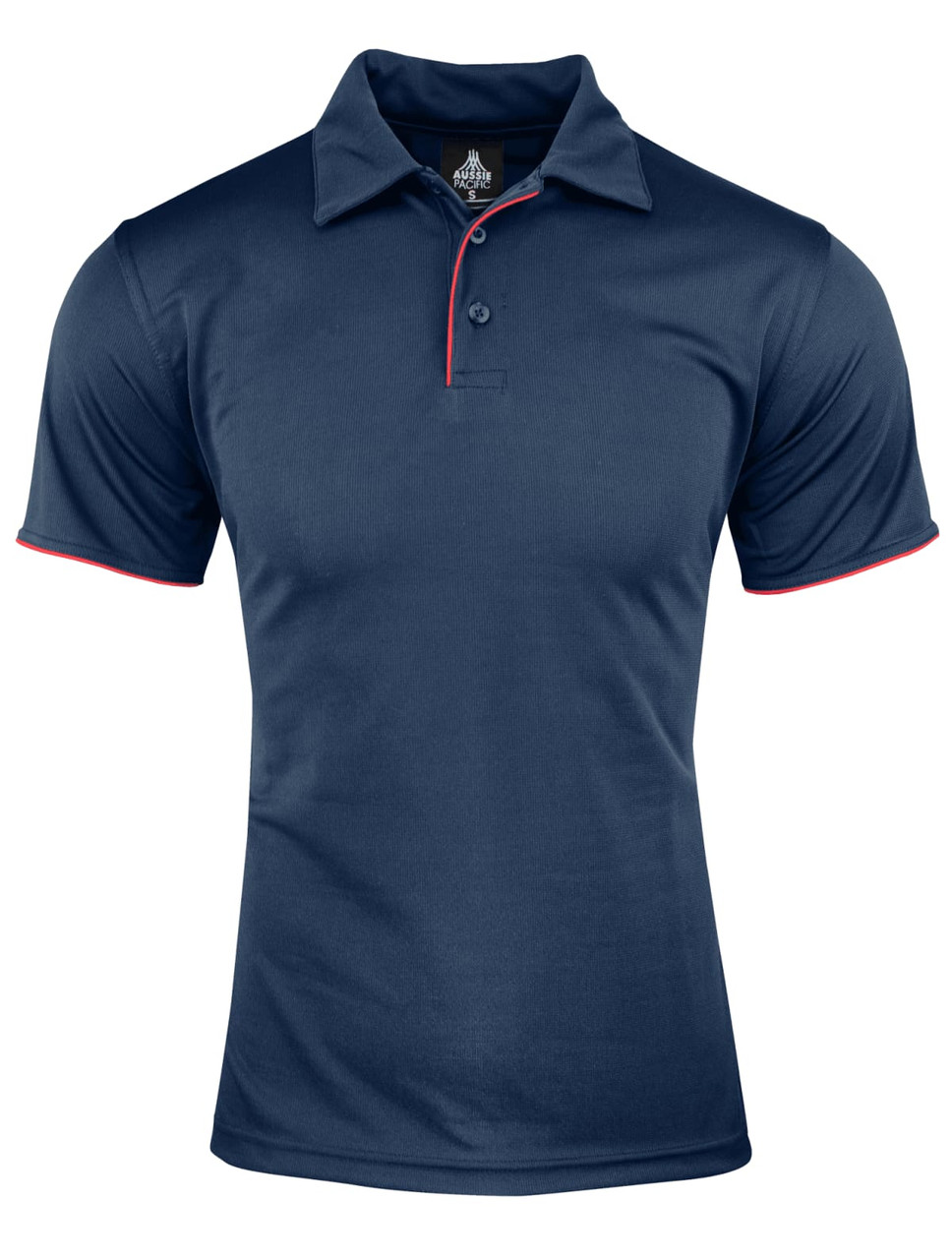 A navy polo shirt featuring red accents and a collar. The shirt has a branding logo on the neckline.