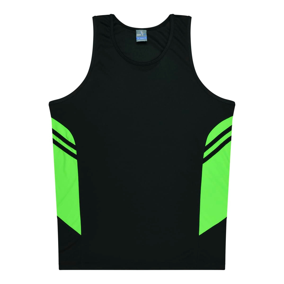 A black singlet with bright green side panels and a logo on the front.