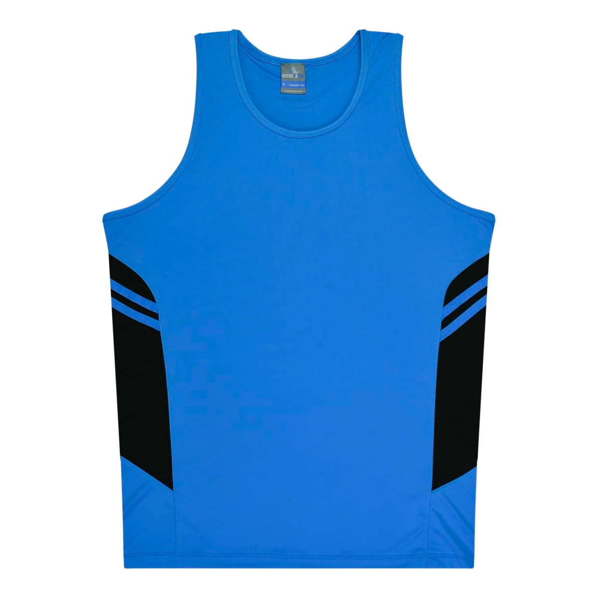 A blue singlet with black side panels and a branding logo on the upper section.