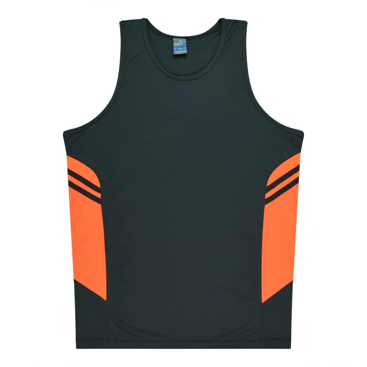 A dark green singlet with orange accents and black stripes. It features a logo on the label.