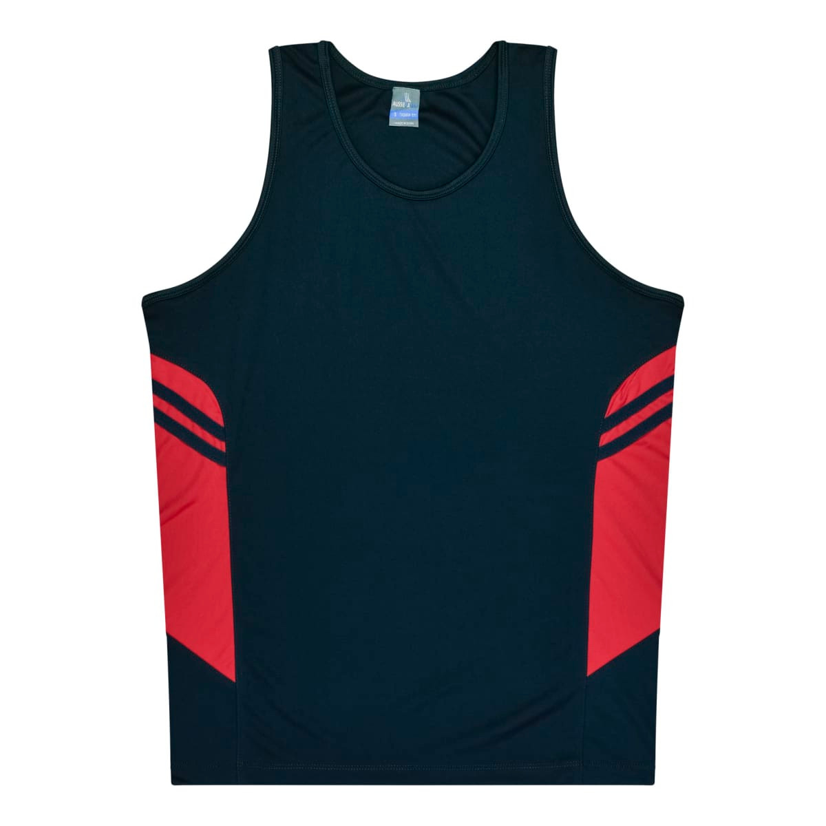 A men's singlet in dark blue with red accents and a logo.
