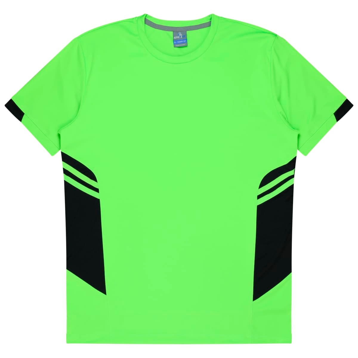 A bright green T-shirt featuring black accents on the sides and a logo on the neckline.