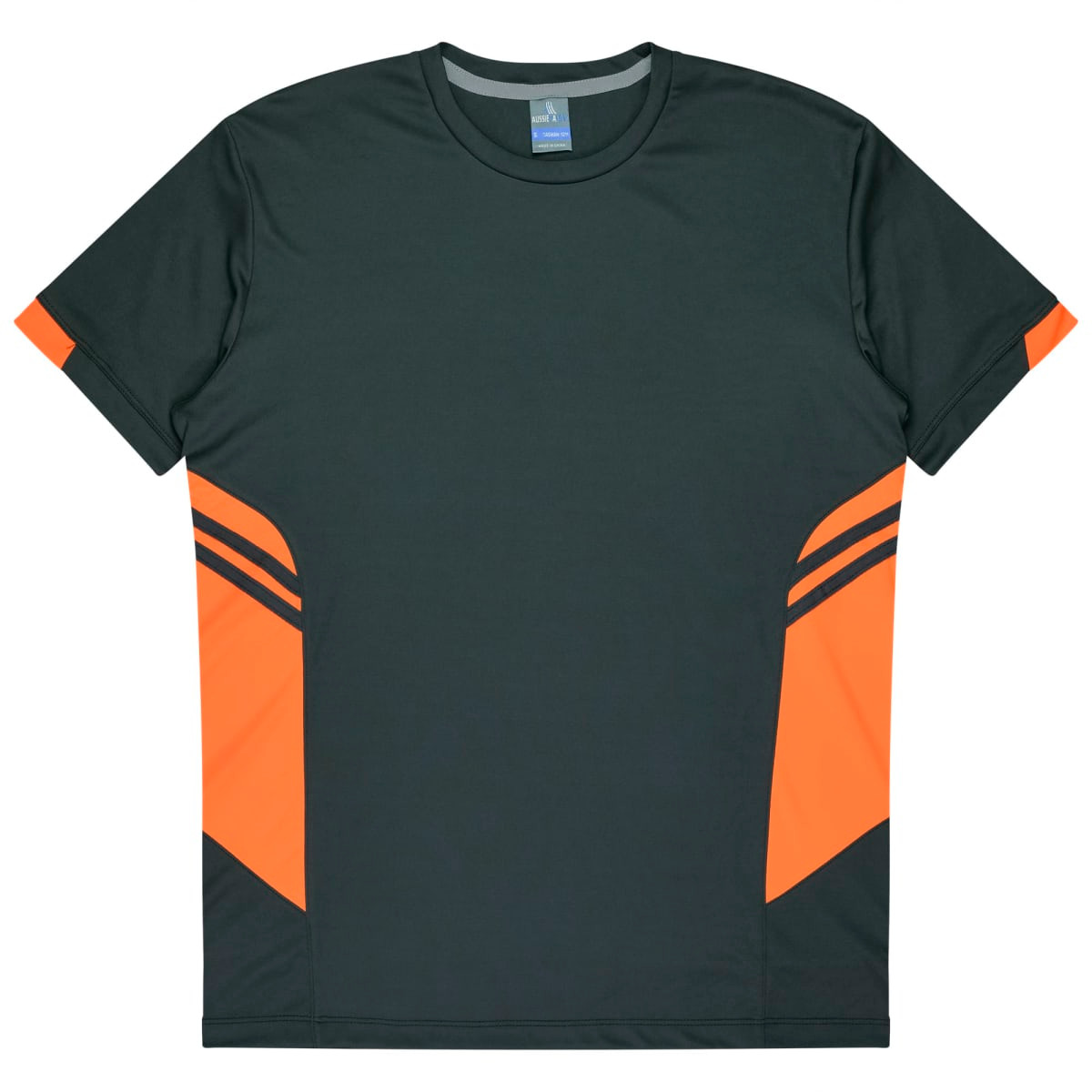 A dark green T-shirt featuring orange accent panels and black stripes, with a logo on the collar.