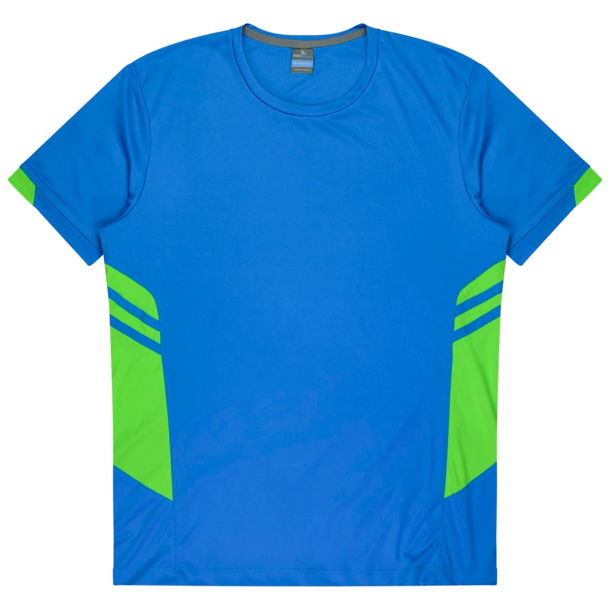 A blue T-shirt with green accents and a logo, designed for kids. Suitable for casual wear or active play.
