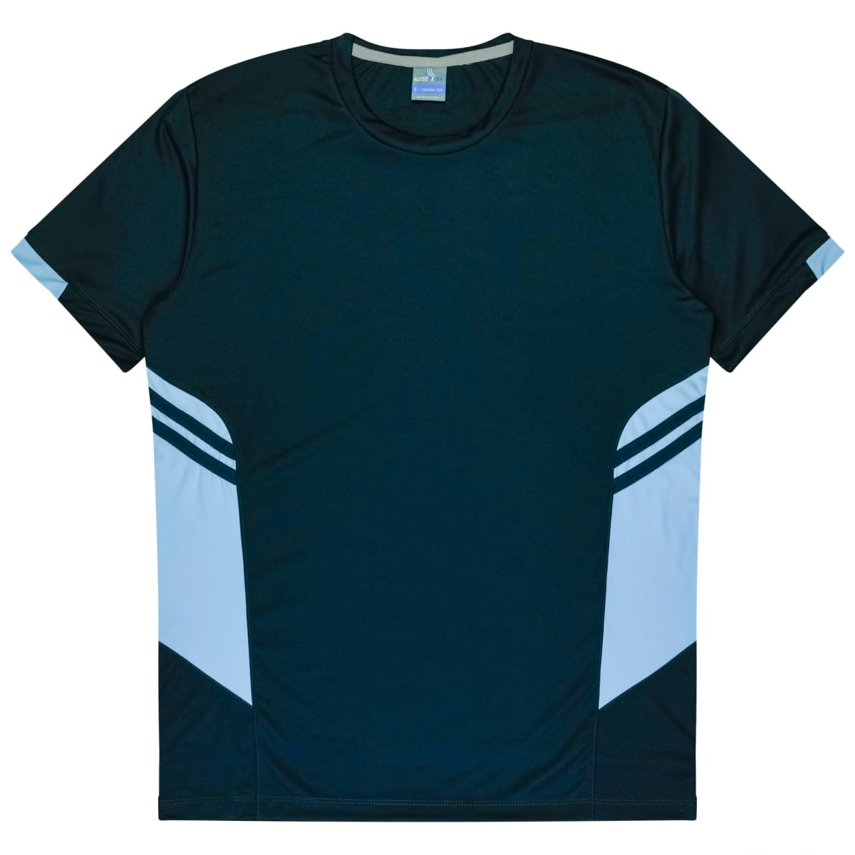 A dark green t-shirt featuring light blue accents and a logo, designed for kids.