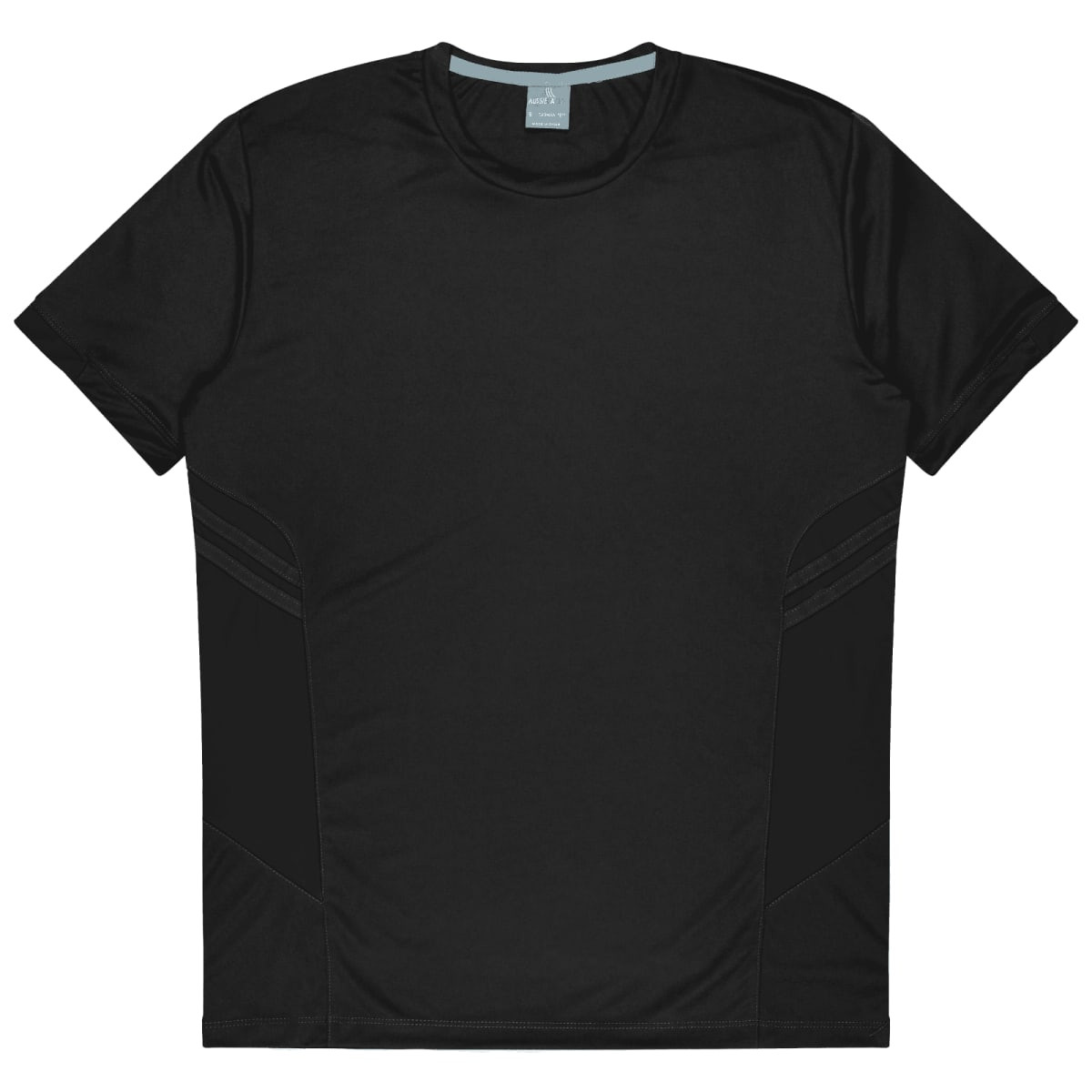 A black t-shirt featuring a sleek design with subtle detailing and a logo. Ideal for active wear.