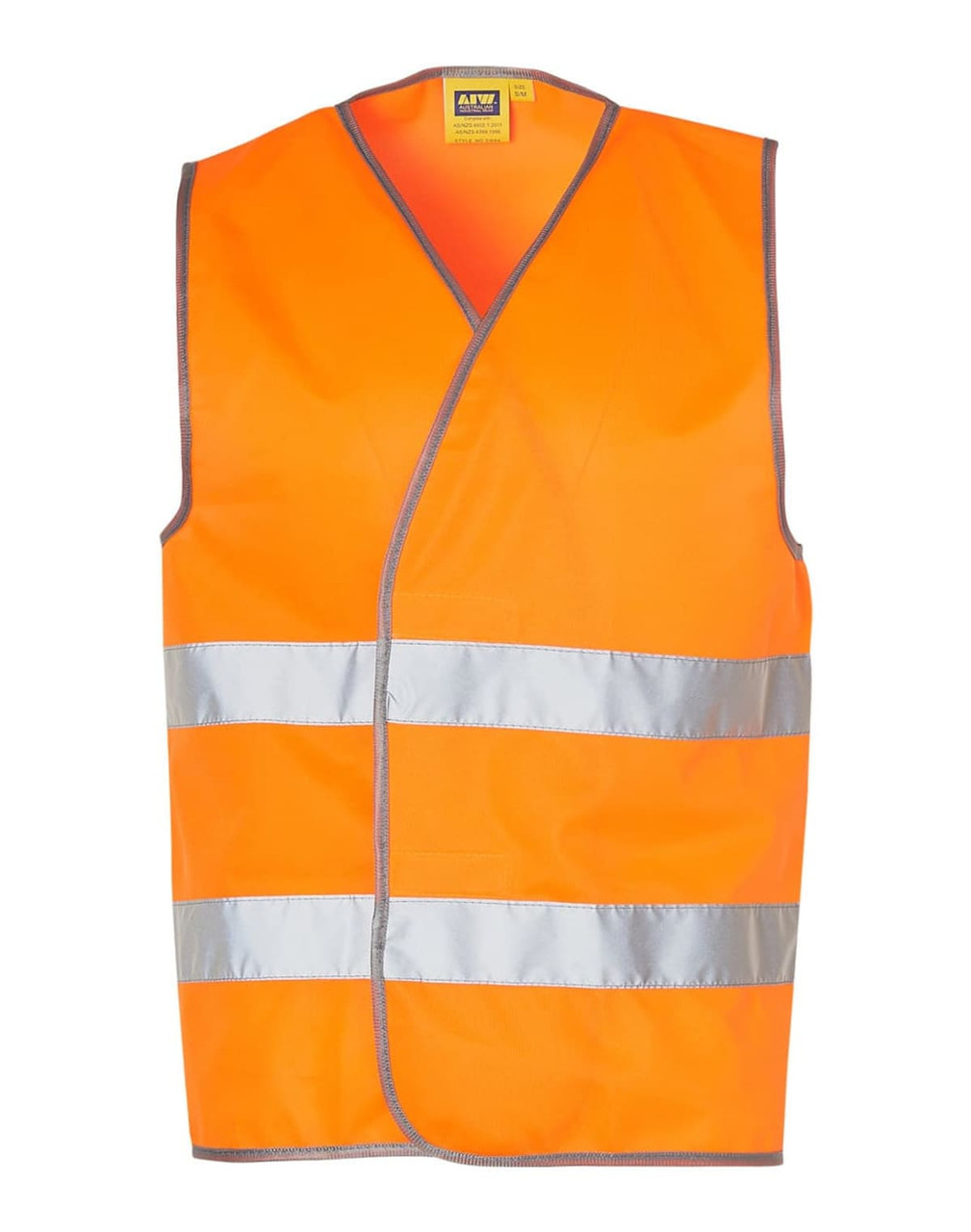 An orange safety vest featuring reflective silver tapes, suitable for visibility in various environments.