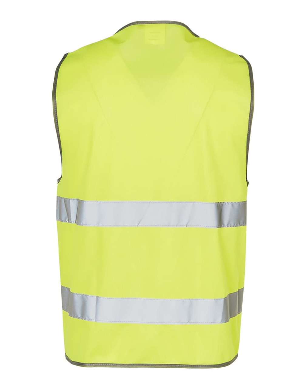 A bright yellow safety vest with reflective tapes along the front and back, featuring a simple design and no sleeves.