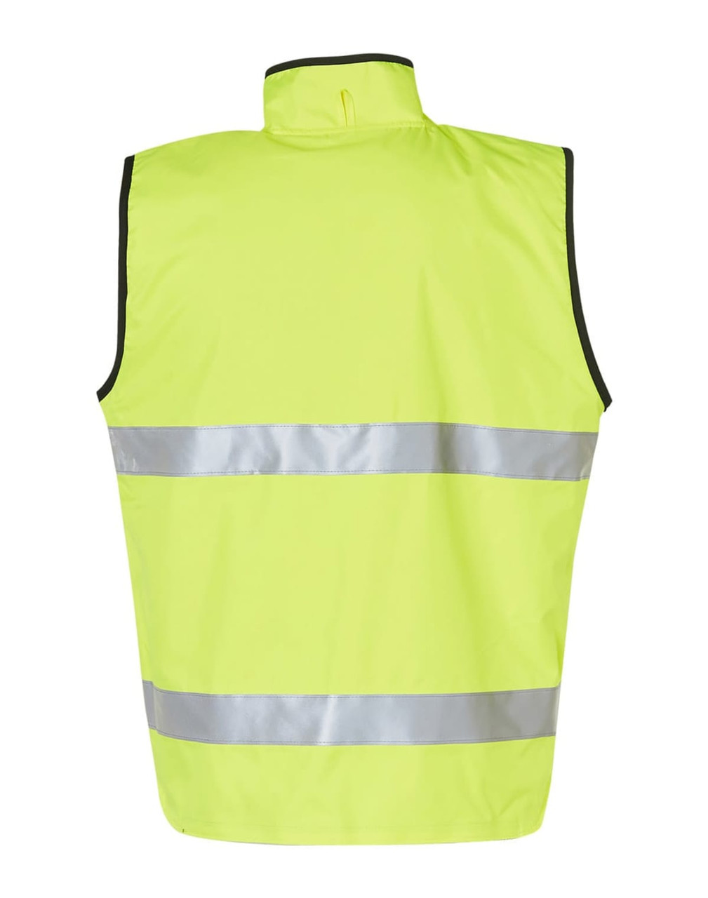 A Hi-Vis yellow reversible safety vest featuring 3M reflective tape, designed for safety wear.