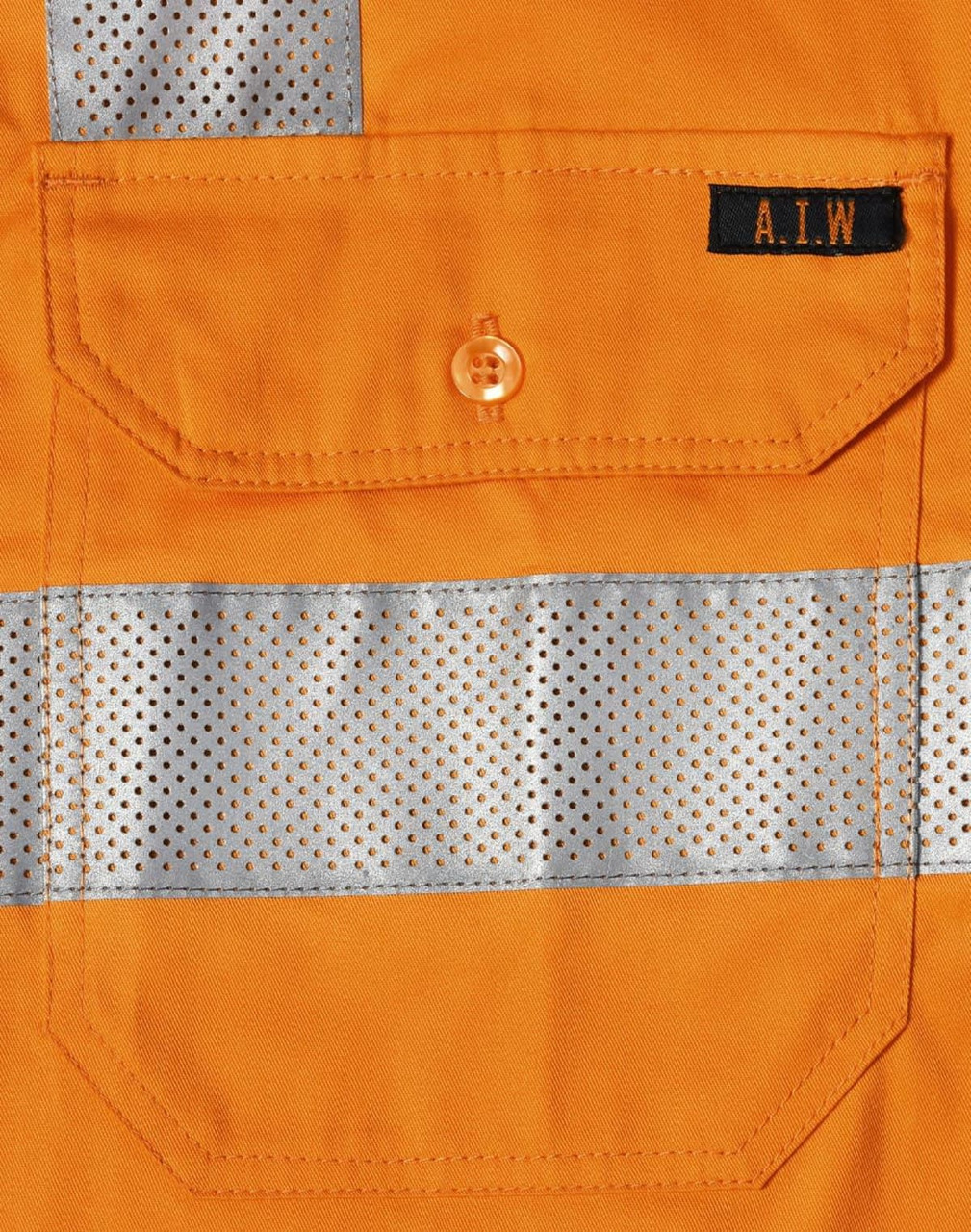 An orange work shirt with reflective silver strips and a small pocket featuring an embroidered logo.