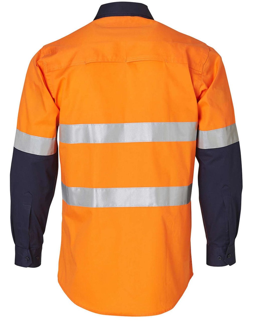 An orange and navy cotton drill shirt featuring reflective 3M tape, designed for workwear use. Includes a logo.
