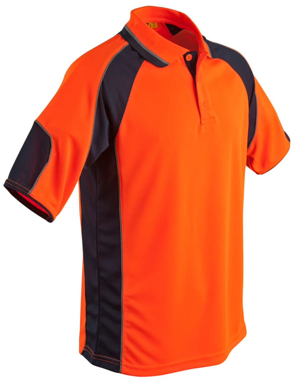 A bright orange polo shirt with navy sleeve panels and a logo, designed for workwear.