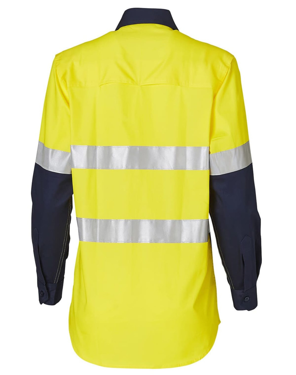 A long-sleeve safety shirt in hi-vis yellow with navy sleeves and reflective 3M tape stripes. Features a logo.
