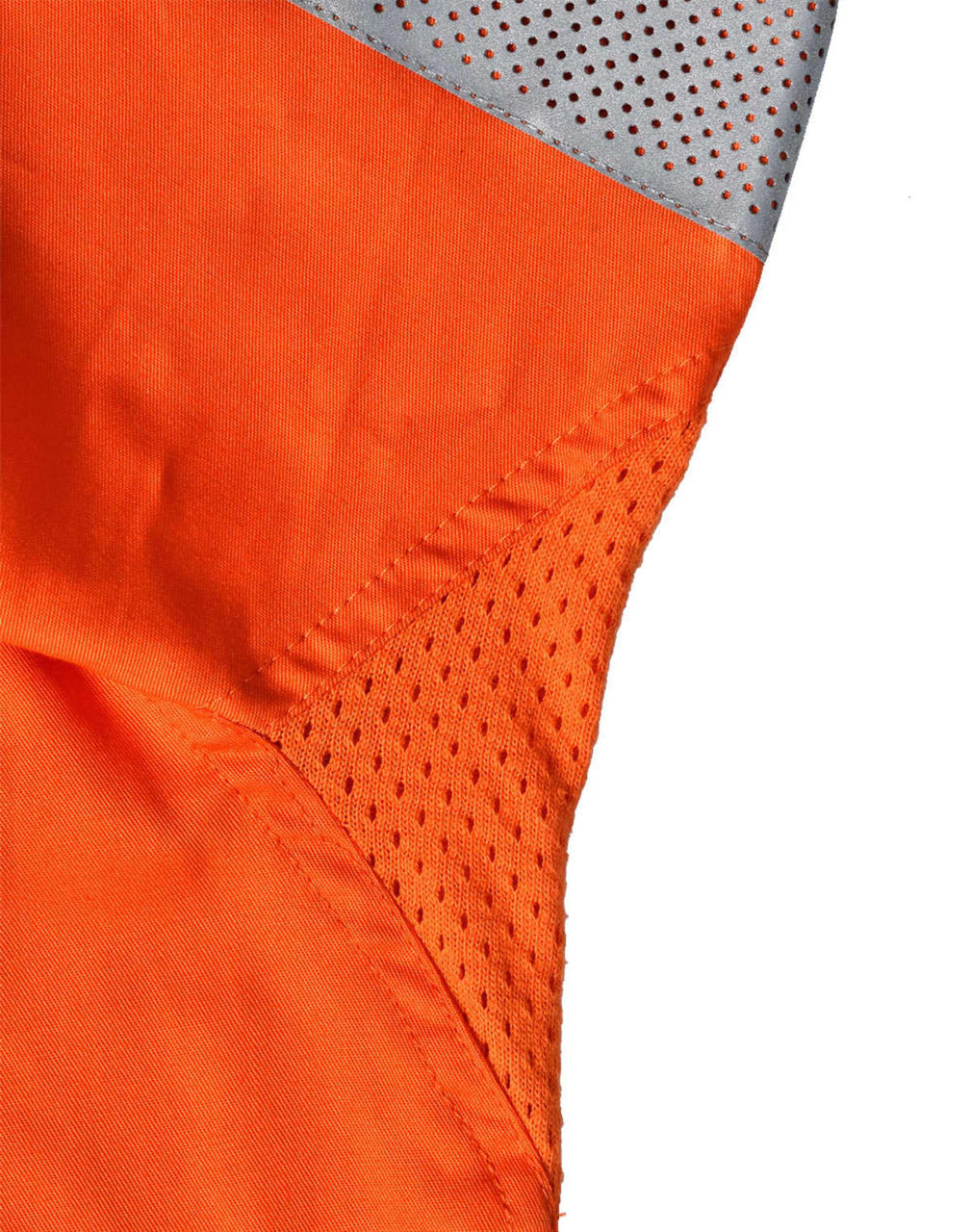 An orange work shirt featuring grey mesh panels, designed for safety in a work environment.