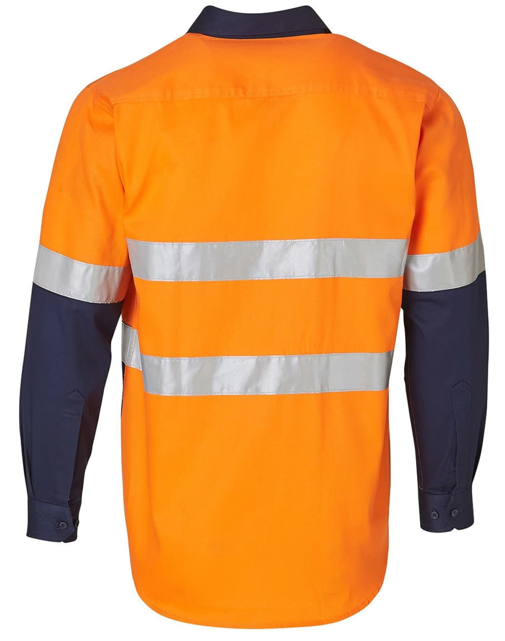 A long-sleeved safety shirt in bright orange with dark blue sleeves and reflective tape. It has a logo on the back.