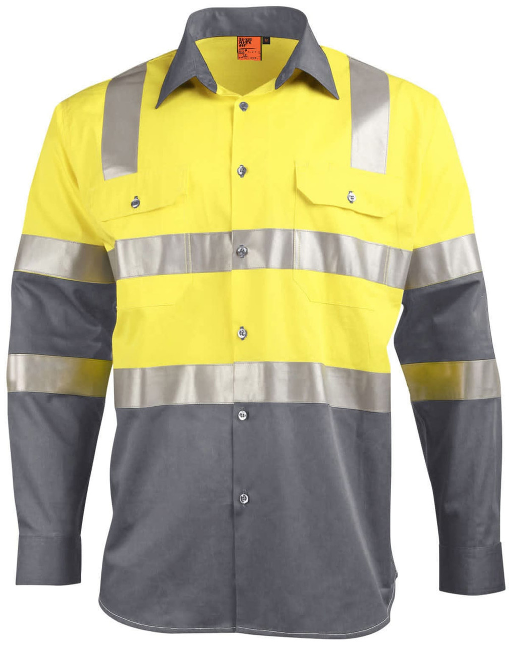 A two-tone safety shirt featuring bright yellow and grey colours with reflective tape and a collar. It has two front pockets.