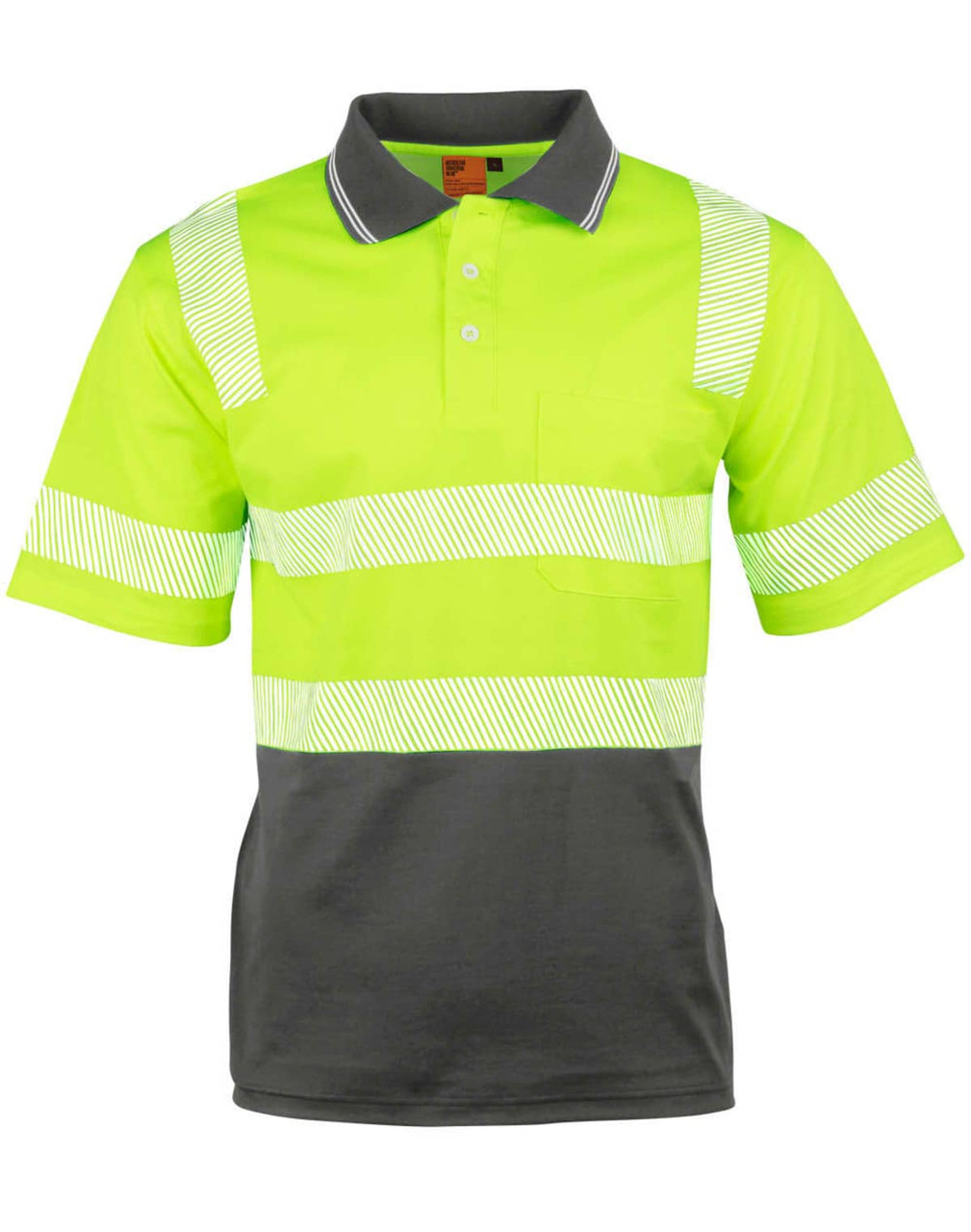 A safety polo shirt featuring fluorescent yellow and grey colours, with reflective stripes and a pocket on the front.