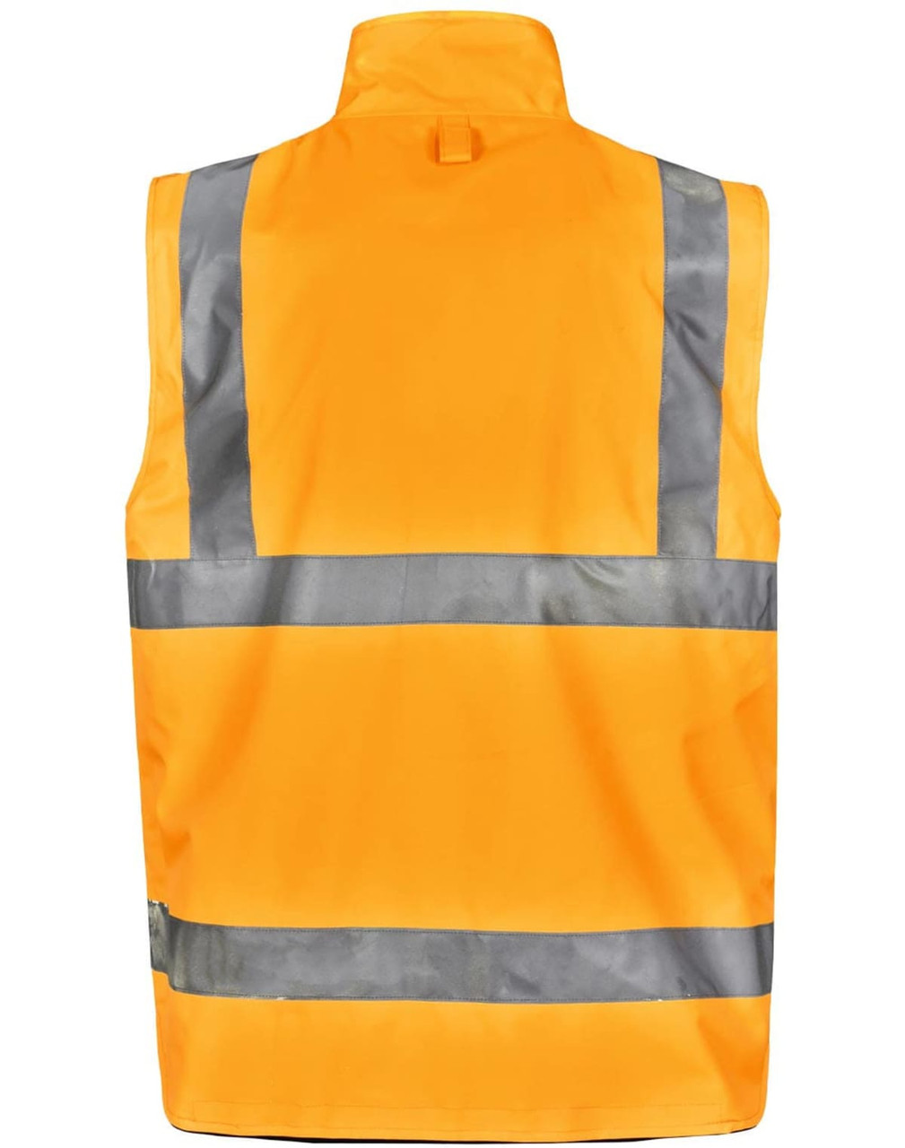 An orange safety jacket featuring grey reflective strips, with a logo on the back.