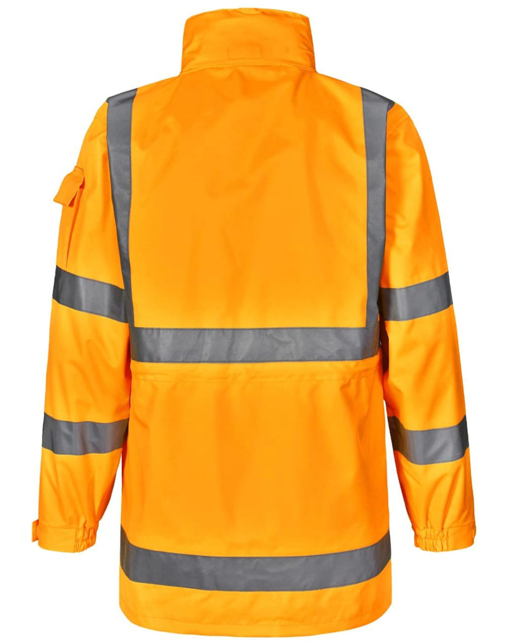 A high-visibility safety jacket in bright orange with reflective stripes and a collar. Features include a pocket on the sleeve.