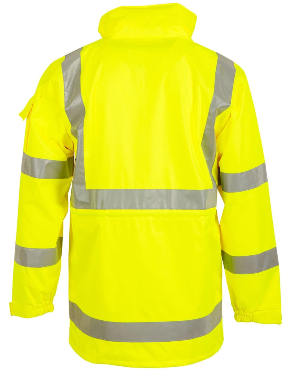 A high-visibility yellow safety jacket with reflective stripes and a logo. Features a back design for enhanced visibility.