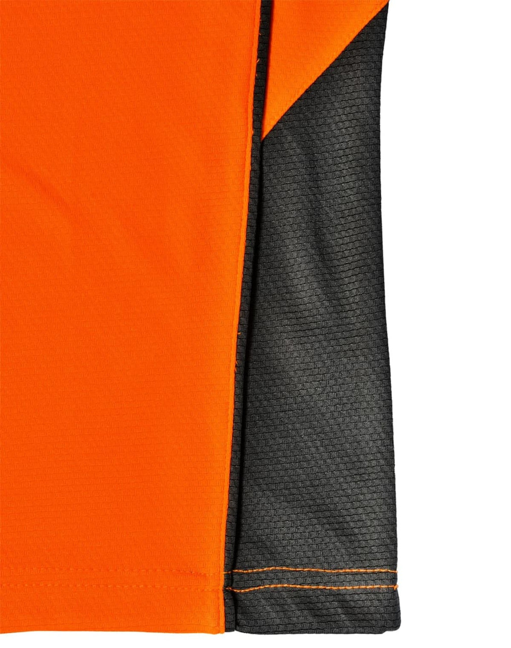 A close-up of an orange and charcoal polo shirt featuring a textured design and a logo.