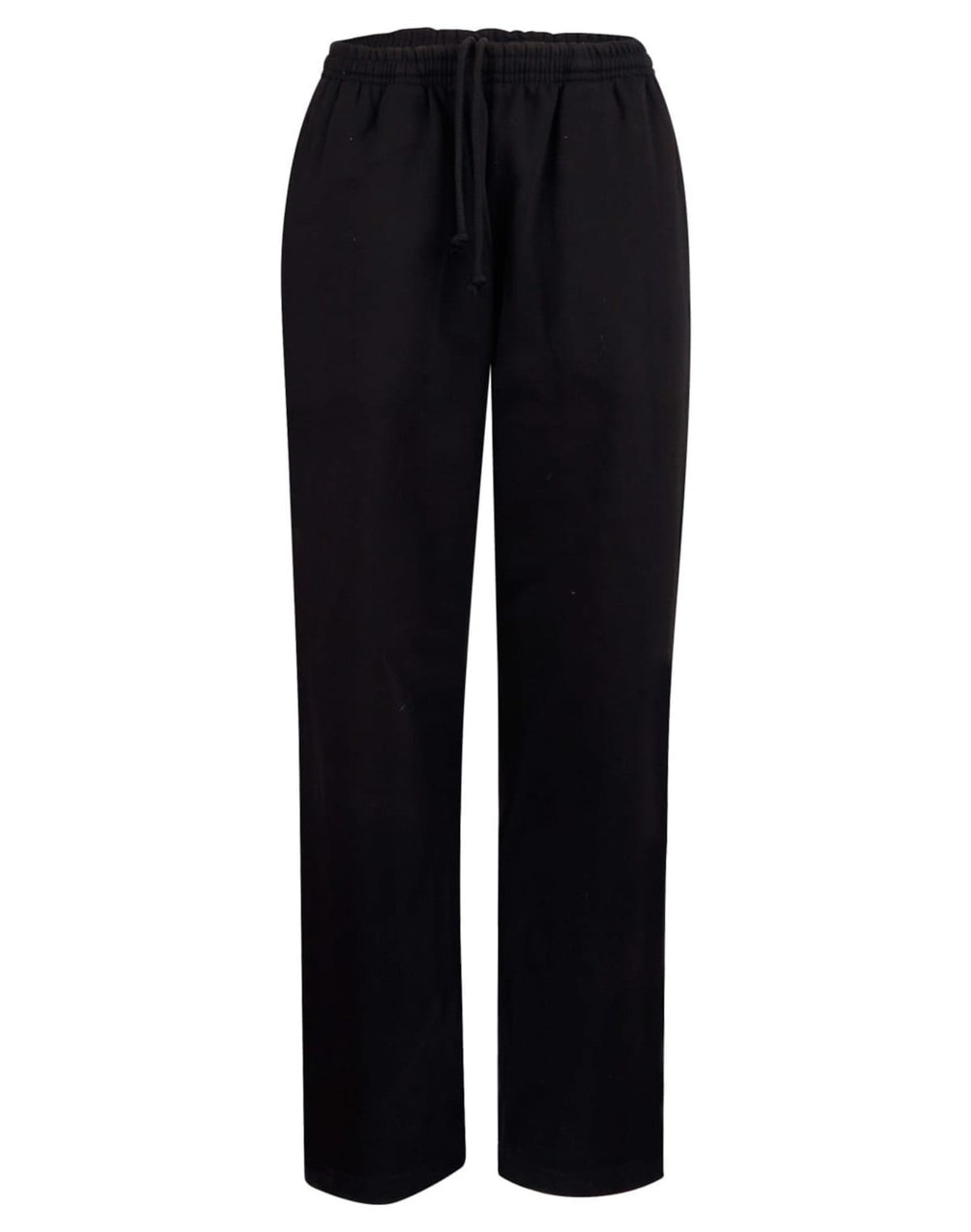 Black fleecey track pants featuring an elastic waistband and drawstring, designed for comfort and casual wear.