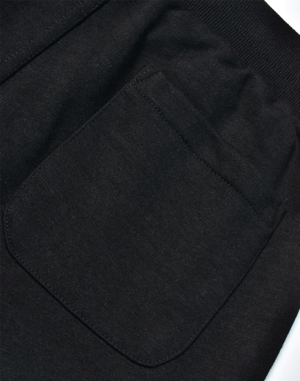 A close-up view of a black poly/cotton terry sweat pant, highlighting a back pocket detail.