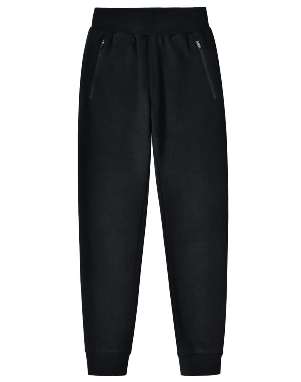 Black poly/cotton terry sweat pants featuring zippered pockets and a relaxed fit. Ideal for casual wear.