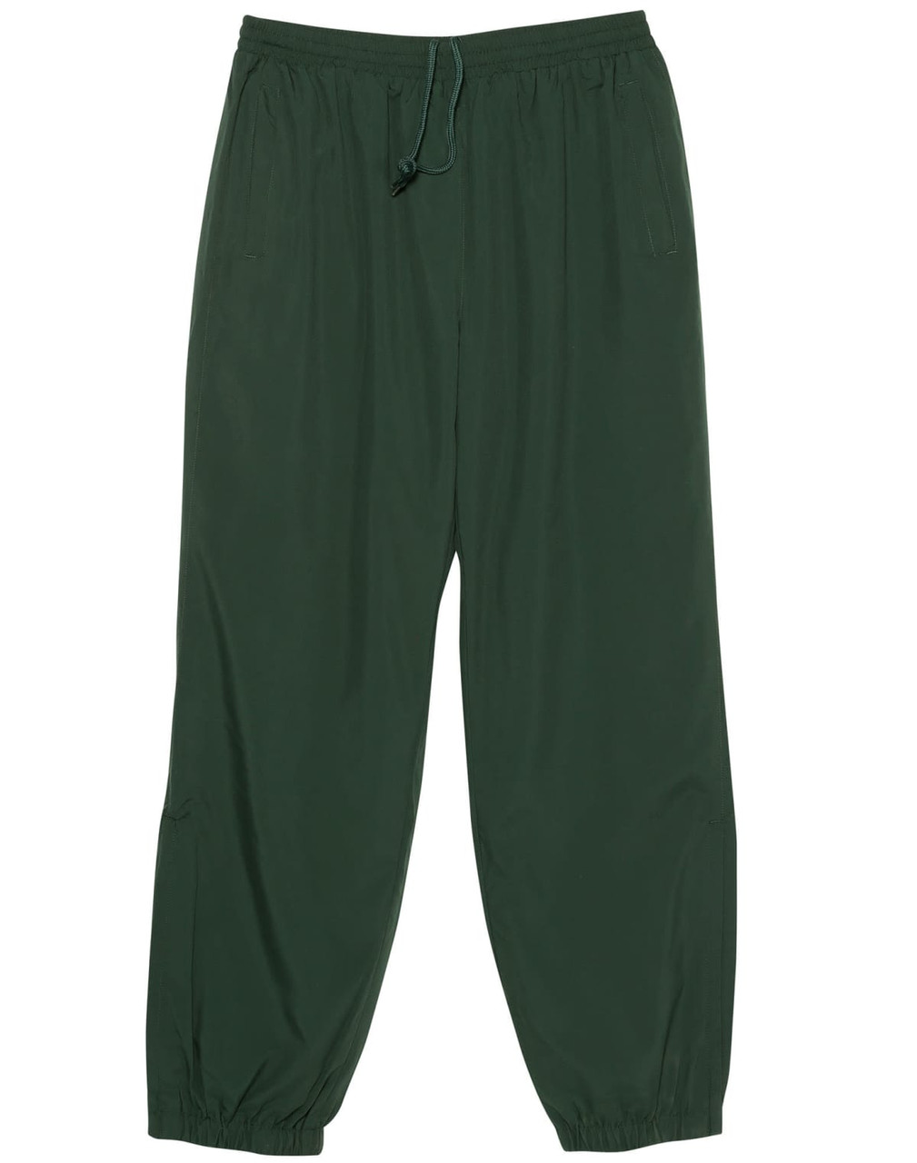 Dark green track pants with an elastic waistband and a drawstring, featuring two side pockets and a logo.