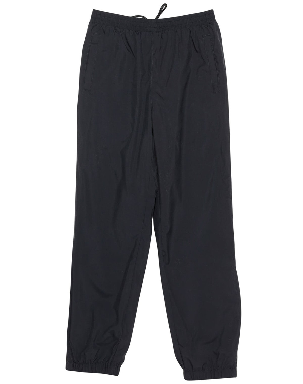 Black track pants with an elastic waistband and drawstring, featuring side pockets and a subtle logo.
