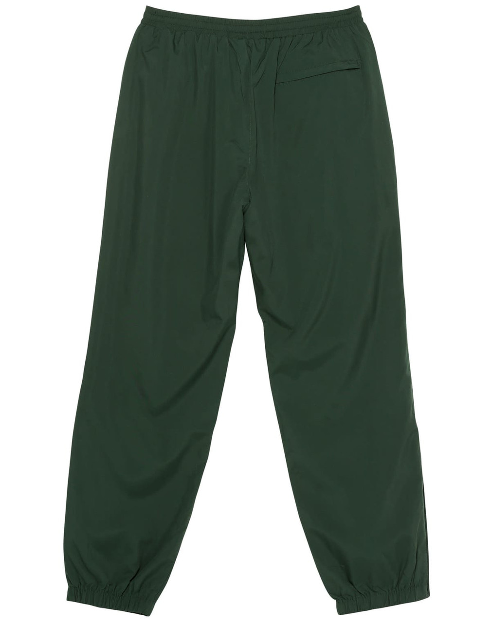 A pair of green track pants with an elastic waistband and a single pocket at the back. Features a brand logo.