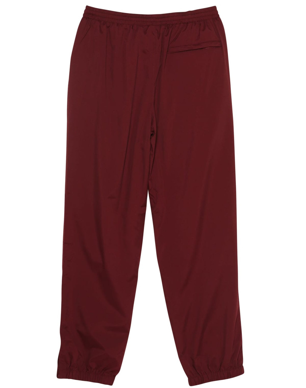 Burgundy track pants with an elastic waistband and cuffs, featuring a logo on the side.
